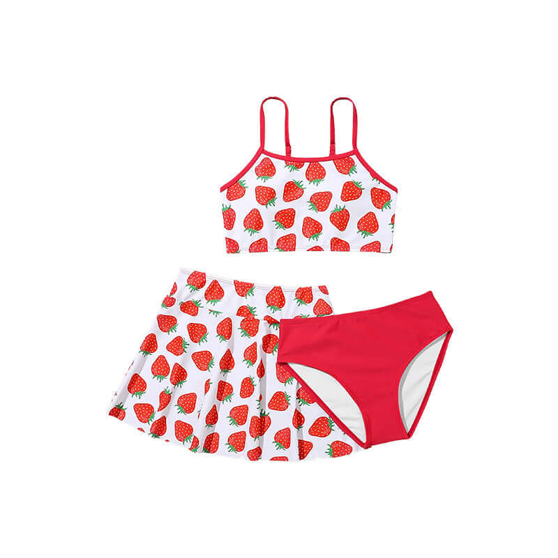 Childrens Swimsuit Three-piece-Two-piece swimsuit with strawberry pattern on a white background