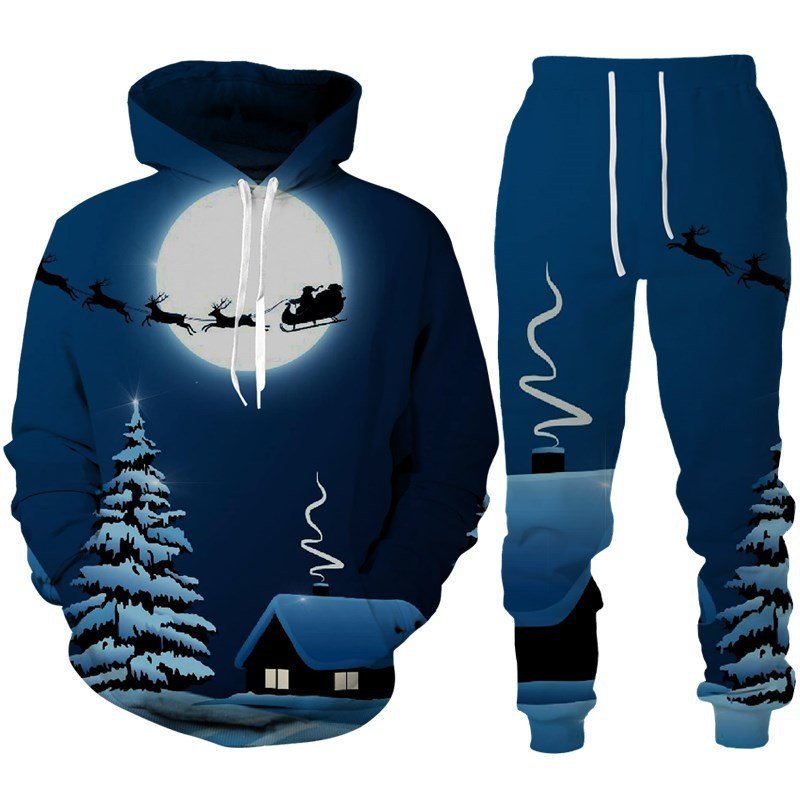 Santa Claus 3D Printed Hooded Sportswear Trousers 2-piece Set