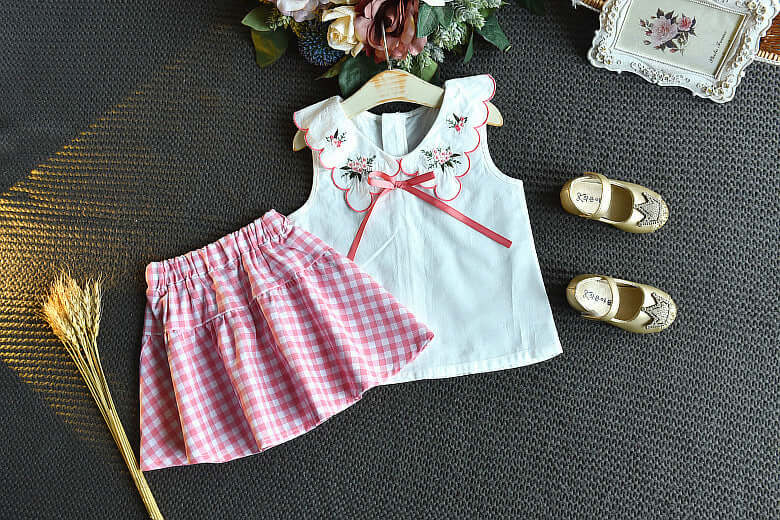 Sleeveless Embroidered Top Fashion Plaid Skirt Two-piece Set - Kello Kids