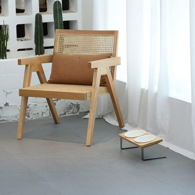 Small Dog Water And Food Feeder - Tilted Ceramic Bowl Set With Bamboo Stand