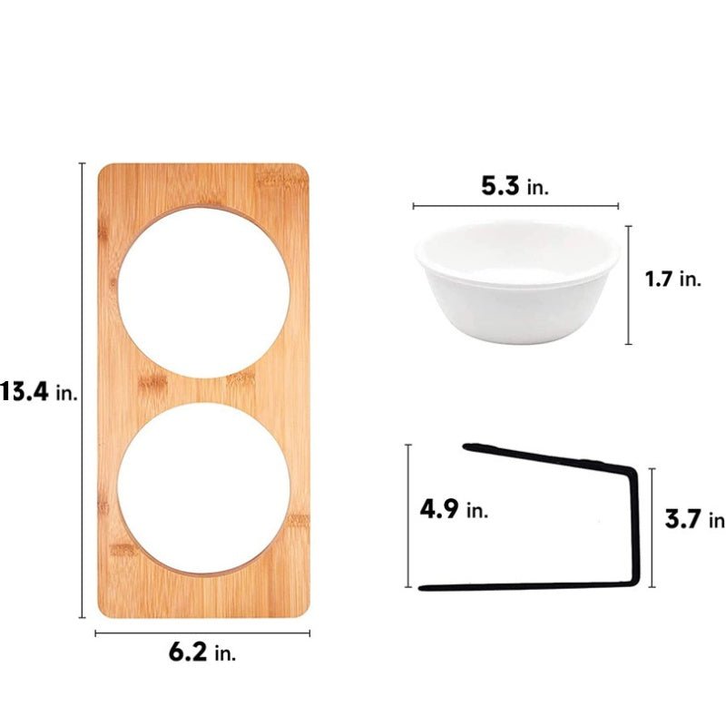 Small Dog Water And Food Feeder - Tilted Ceramic Bowl Set With Bamboo Stand
