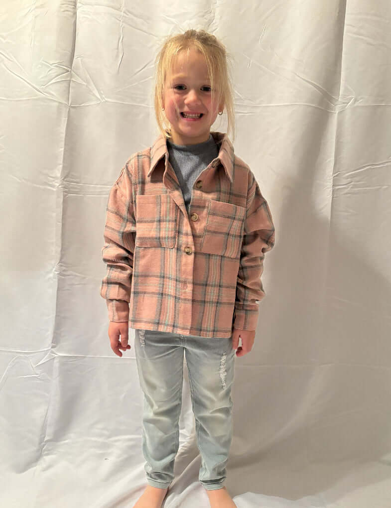 tween kids girls pocket pink plaid short shirt