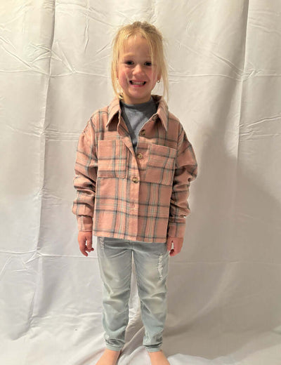 tween kids girls pocket pink plaid short shirt