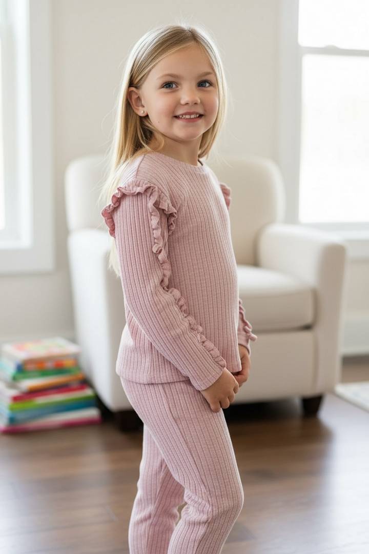 Young girl wearing a pink ribbed outfit with ruffled sleeves in a bright room.