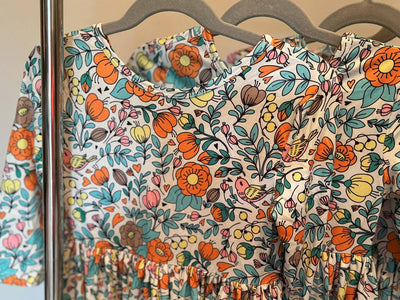 Vintage Vibes 3/4 Pocket Twirl Dress-Floral patterned dress on a hanger with a neutral background