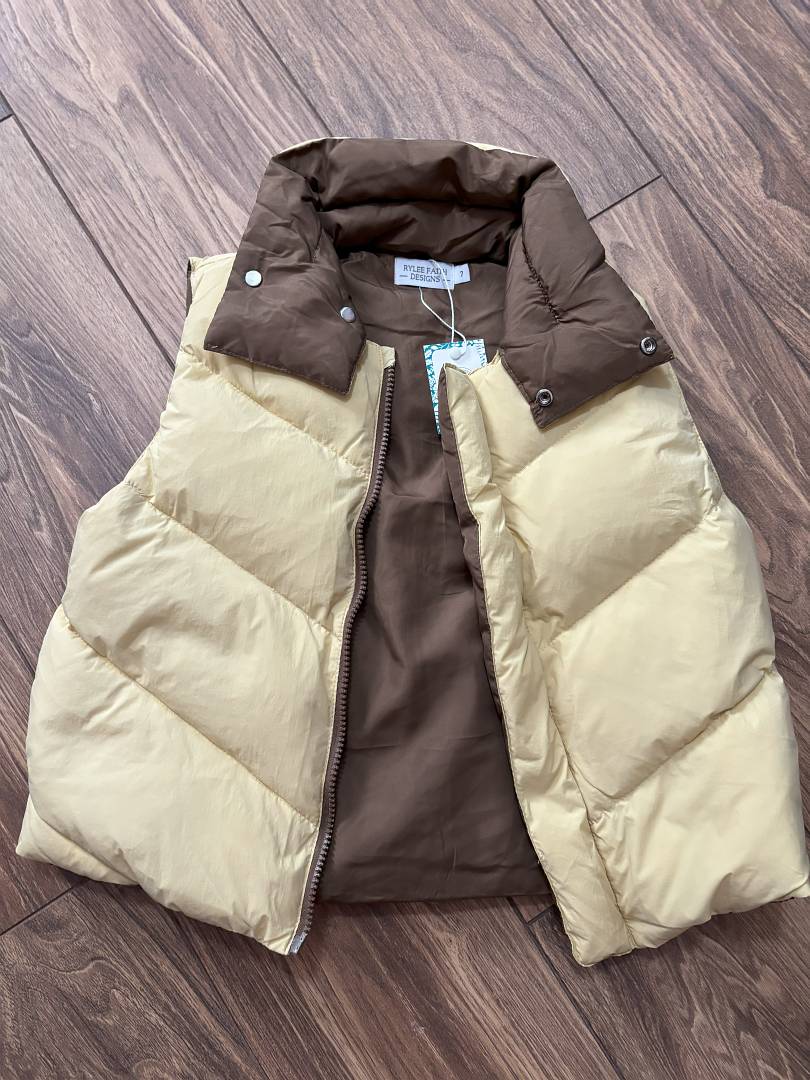 Winter Baby Girls Down Cotton Vest-Yellow puffer vest with brown collar on a wooden floor